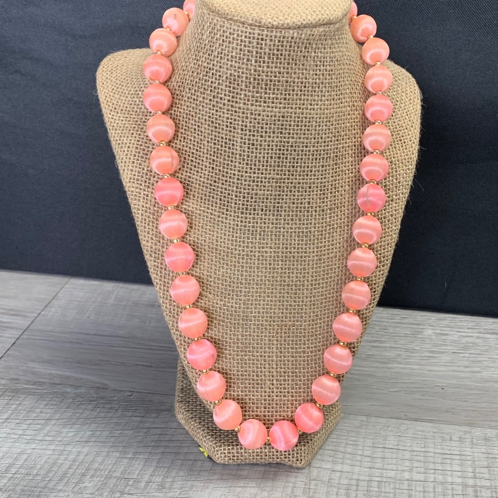 Vintage Peach Satin Bead Necklace Gold Tone Spacers Barrel Clasp 24 Inch 5261